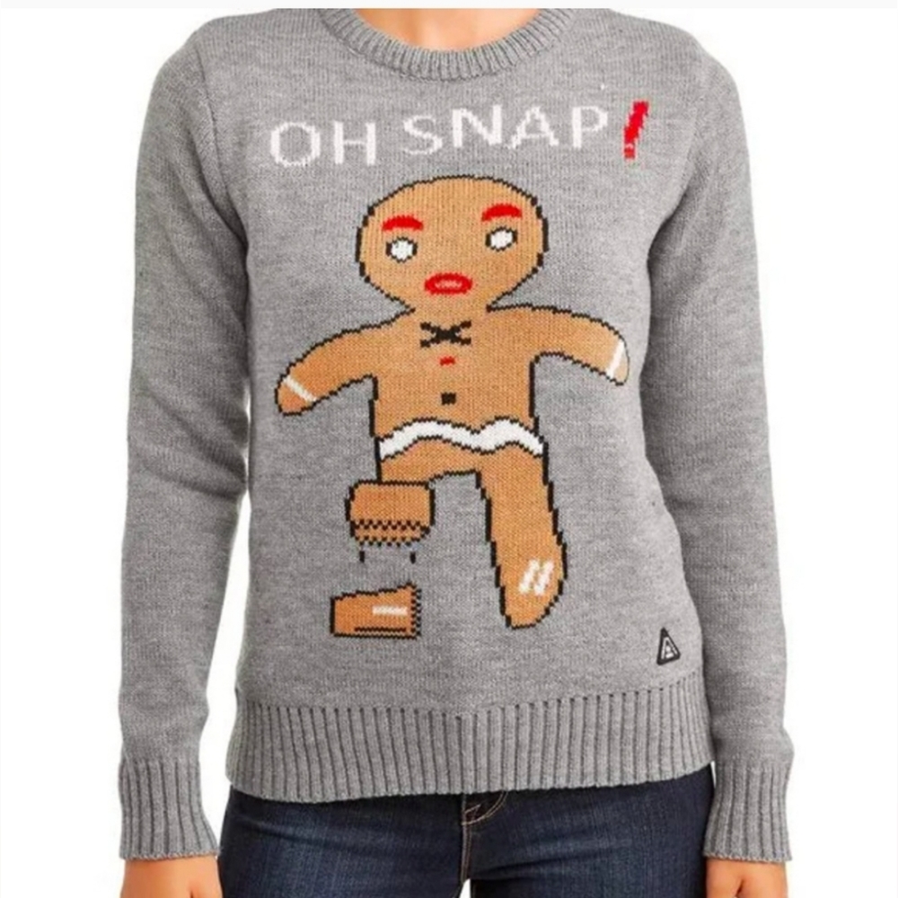 American Stitch, Ugly Christmas or Holiday Sweater, Gingerbread Man, Grey